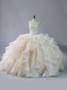 Deluxe Lace Up Ball Gown Prom Dress Champagne for Sweet 16 and Quinceanera with Beading and Ruffles Brush Train