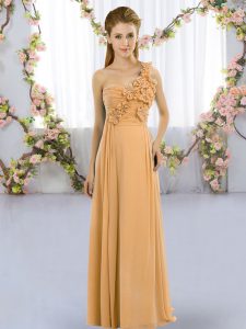Free and Easy Gold Empire One Shoulder Sleeveless Chiffon Floor Length Lace Up Hand Made Flower Damas Dress
