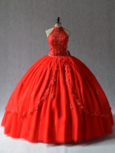 Sleeveless Tulle Floor Length Lace Up Ball Gown Prom Dress in Red with Appliques