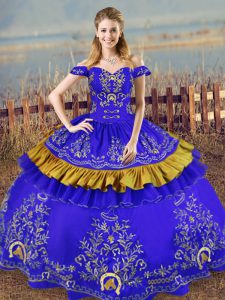 Floor Length Lace Up Quinceanera Dresses Blue for Sweet 16 and Quinceanera with Embroidery
