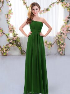 Admirable Dark Green Quinceanera Court of Honor Dress Wedding Party with Ruching One Shoulder Sleeveless Zipper