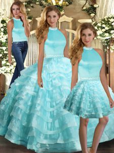 Beauteous Sleeveless Organza Floor Length Backless Quinceanera Gown in Aqua Blue with Ruffled Layers