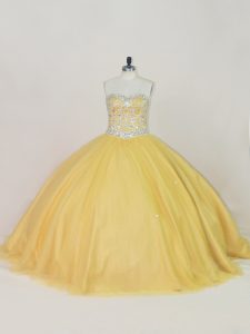 Cheap Sleeveless Tulle Floor Length Lace Up Quince Ball Gowns in Gold with Beading