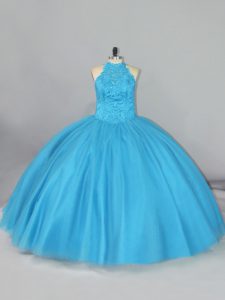 Gorgeous Aqua Blue Quinceanera Gown Sweet 16 and Quinceanera with Beading and Lace Halter Top Sleeveless Brush Train Lace Up