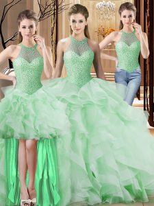 Colorful Three Pieces Sleeveless Apple Green Sweet 16 Dress Brush Train Lace Up