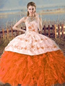 Elegant Orange and Rust Red Quinceanera Gown Sweet 16 and Quinceanera with Embroidery Halter Top Sleeveless Court Train Lace Up