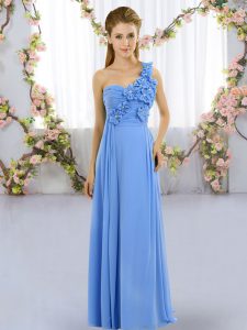 Designer Blue Mermaid One Shoulder Sleeveless Chiffon Floor Length Lace Up Hand Made Flower Damas Dress