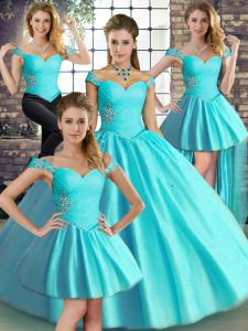 Custom Made Aqua Blue Ball Gowns Tulle Off The Shoulder Sleeveless Beading Floor Length Lace Up Quince Ball Gowns