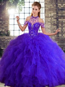 Halter Top Sleeveless 15th Birthday Dress Floor Length Beading and Ruffles Purple Tulle