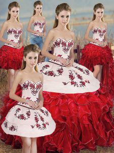 Sleeveless Floor Length Embroidery and Ruffles and Bowknot Lace Up Vestidos de Quinceanera with White And Red