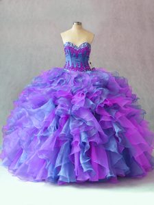 Nice Multi-color Lace Up 15 Quinceanera Dress Beading and Appliques and Ruffles Sleeveless Floor Length