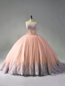 Pretty Peach Ball Gown Prom Dress Tulle Court Train Sleeveless Beading and Appliques
