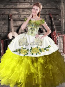 Best Olive Green Organza Lace Up Off The Shoulder Sleeveless Floor Length Quinceanera Gown Ruffles