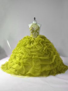Olive Green Lace Up Halter Top Beading and Pick Ups 15 Quinceanera Dress Tulle Sleeveless Court Train