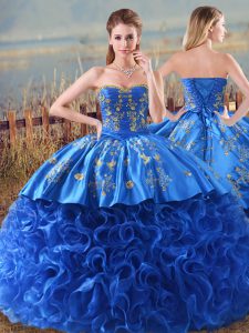 Royal Blue Fabric With Rolling Flowers Lace Up Sweet 16 Dress Sleeveless Brush Train Embroidery and Ruffles