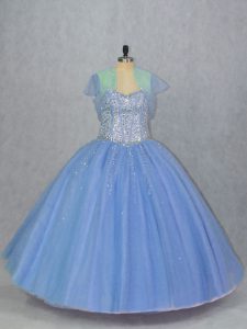 Blue Sleeveless Floor Length Beading Lace Up Sweet 16 Quinceanera Dress
