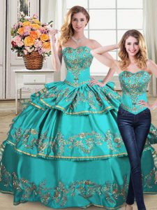 Sweetheart Sleeveless Quinceanera Dress Floor Length Embroidery and Ruffled Layers Aqua Blue Organza