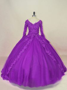 Gorgeous Purple Ball Gowns Tulle V-neck Long Sleeves Appliques Floor Length Lace Up Sweet 16 Dress