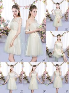 Glittering Champagne Sleeveless Lace and Bowknot Mini Length Court Dresses for Sweet 16