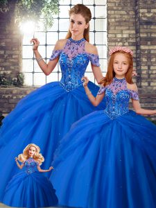 Adorable Blue Halter Top Lace Up Beading and Pick Ups Quinceanera Dress Brush Train Sleeveless