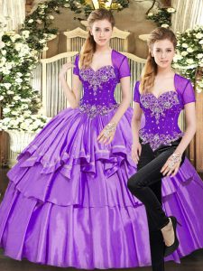 Best Sweetheart Sleeveless Lace Up Quince Ball Gowns Lavender Organza and Taffeta
