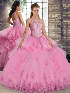 Wonderful Rose Pink Scoop Neckline Lace and Embroidery and Ruffles Quinceanera Gown Sleeveless Lace Up