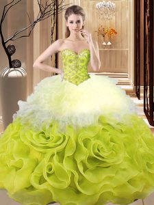 Charming Multi-color Ball Gowns Beading and Ruffles Quince Ball Gowns Lace Up Organza Sleeveless Floor Length