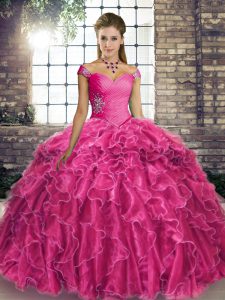 Artistic Fuchsia Off The Shoulder Lace Up Beading and Ruffles Quinceanera Gowns Brush Train Sleeveless