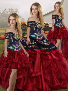 Red And Black Sleeveless Floor Length Embroidery and Ruffles Lace Up Quinceanera Dresses