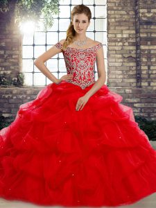 Adorable Sleeveless Tulle Brush Train Lace Up Quinceanera Gown in Red with Beading and Pick Ups
