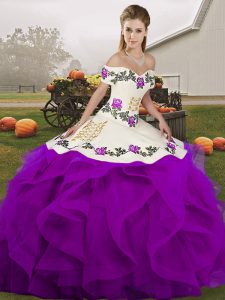 Floor Length White And Purple Vestidos de Quinceanera Tulle Sleeveless Embroidery and Ruffles