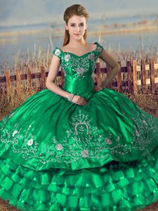 Floor Length Green Quinceanera Dress Organza Sleeveless Embroidery and Ruffled Layers
