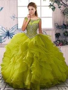 Custom Design Olive Green Ball Gowns Beading and Ruffles Quinceanera Dresses Zipper Organza Sleeveless Floor Length