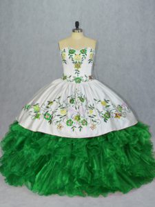 Exceptional Sleeveless Floor Length Embroidery and Ruffles Lace Up Ball Gown Prom Dress with Green