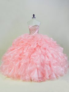 Glamorous Sleeveless Organza Lace Up 15th Birthday Dress in Peach with Beading and Ruffles