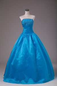 Strapless Sleeveless Lace Up Quinceanera Gown Blue Organza