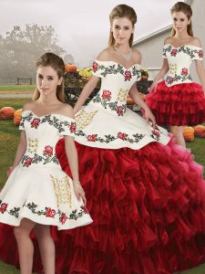Classical Floor Length Lace Up 15th Birthday Dress Wine Red for Military Ball and Sweet 16 and Quinceanera with Embroidery and Ruffled Layers