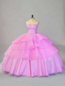 Floor Length Lace Up Quinceanera Gown Lilac for Sweet 16 and Quinceanera with Ruffled Layers