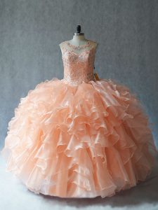 Sweet Floor Length Lace Up Vestidos de Quinceanera Peach for Sweet 16 and Quinceanera with Beading and Ruffles