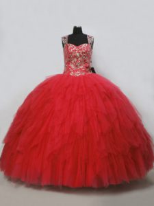 Red Sleeveless Floor Length Beading and Ruffles Lace Up Quinceanera Gowns