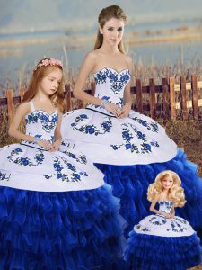 Inexpensive Royal Blue Ball Gowns Embroidery and Ruffled Layers and Bowknot 15 Quinceanera Dress Lace Up Organza Sleeveless Floor Length