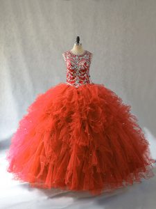 Latest Orange Red Scoop Lace Up Beading and Ruffles 15th Birthday Dress Sleeveless