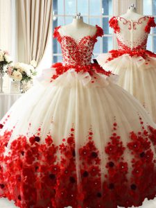 Dynamic White And Red Sleeveless Brush Train Hand Made Flower Quince Ball Gowns