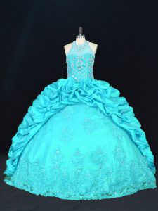 Customized Taffeta Halter Top Sleeveless Lace Up Beading and Appliques and Embroidery and Pick Ups Quince Ball Gowns in Aqua Blue