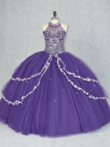 Fashion Purple Lace Up Halter Top Beading Sweet 16 Quinceanera Dress Tulle Sleeveless