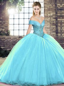 Delicate Aqua Blue Ball Gowns Beading Quinceanera Dress Lace Up Organza Sleeveless