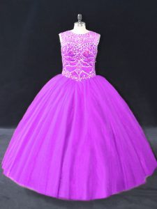 Super Floor Length Lace Up 15 Quinceanera Dress Purple for Sweet 16 and Quinceanera with Beading