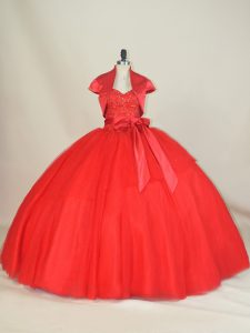 Comfortable Red Ball Gowns Sweetheart Sleeveless Tulle Floor Length Lace Up Beading and Bowknot 15 Quinceanera Dress