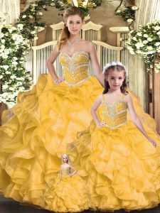 Gold Lace Up Sweetheart Beading and Ruffles 15th Birthday Dress Organza Sleeveless