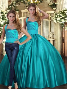 Floor Length Lace Up Sweet 16 Dress Teal for Military Ball and Sweet 16 and Quinceanera with Ruching